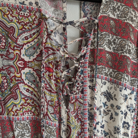 (AEO) Red White Boho Lace-up Romper Small - Picture 6 of 14